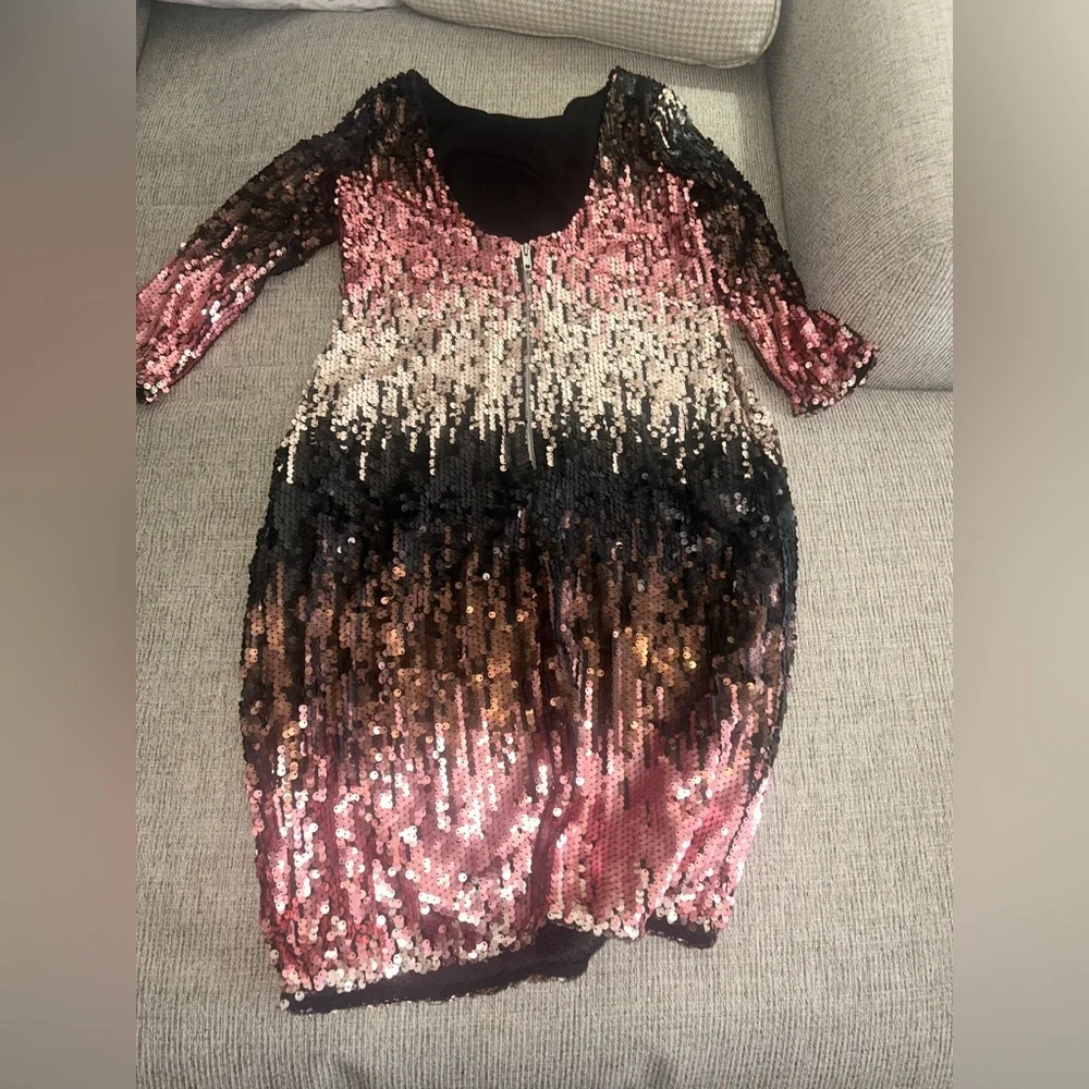 Little Mistress Sequin Ombre Midi Dress in Pink, Black & Gold maternity - Picture 2 of 4